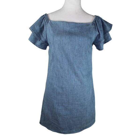 Alice + Olivia Denim Tulla Off the Shoulder Ruffle Sleeve Dress Chambray Linen - Picture 2 of 12
